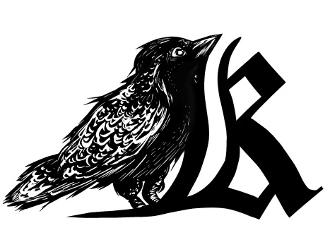 Black and white image of a small raven perched on the tail end of an Old English K
